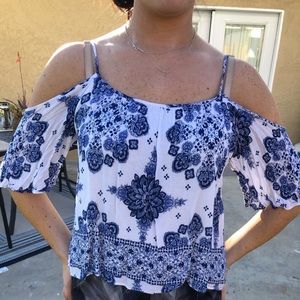 Blue and white pattern off the shoulder top